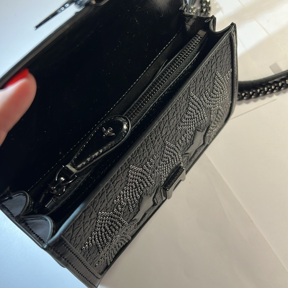 Pinko Crossbody Starry Skies Love Stud Black Leather Bag Silver Chain 8”x5” - Picture 4 of 15